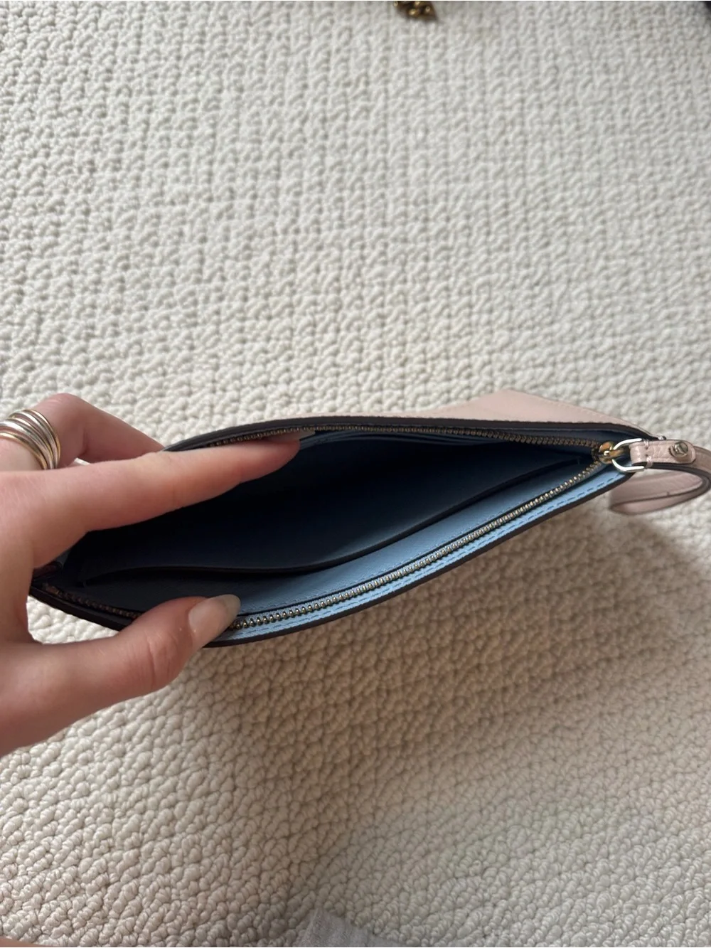 kate spade Blush Pink Leather Wristlet with Blue and Red Trim